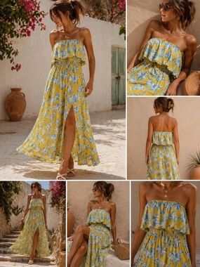 Lulus Love Boldly Yellow Blue Floral Off Shoulder Maxi Dress | Size Small